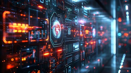 Fototapeta premium Cybersecurity visuals featuring firewalls, shields, and digital protections