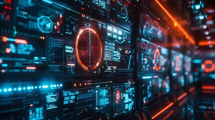 Obraz premium Cybersecurity visuals featuring firewalls, shields, and digital protections