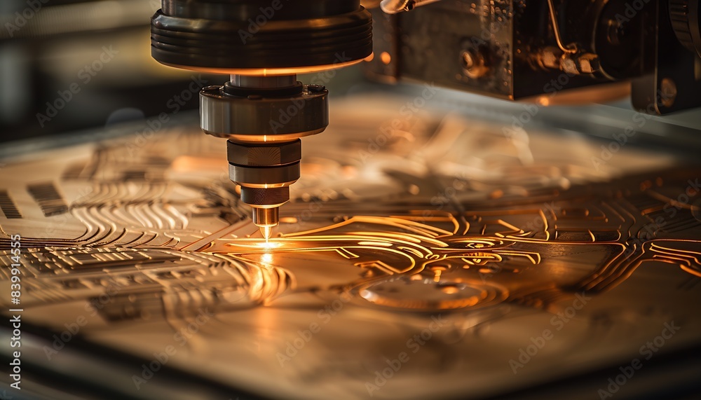 Poster a laser machine engraving a design on a piece of wood with the laser beam showing. : generative ai