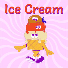 Funky walking ice cream. Three scoops of ice cream in waffle cup with cute faces, feet and hands. Cute character dessert mascot in groovy style. Vector surrealism card, postcard