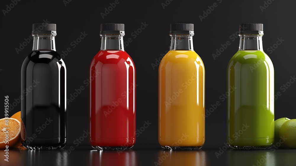 Poster 4 juice bottles with black label no name : Generative AI