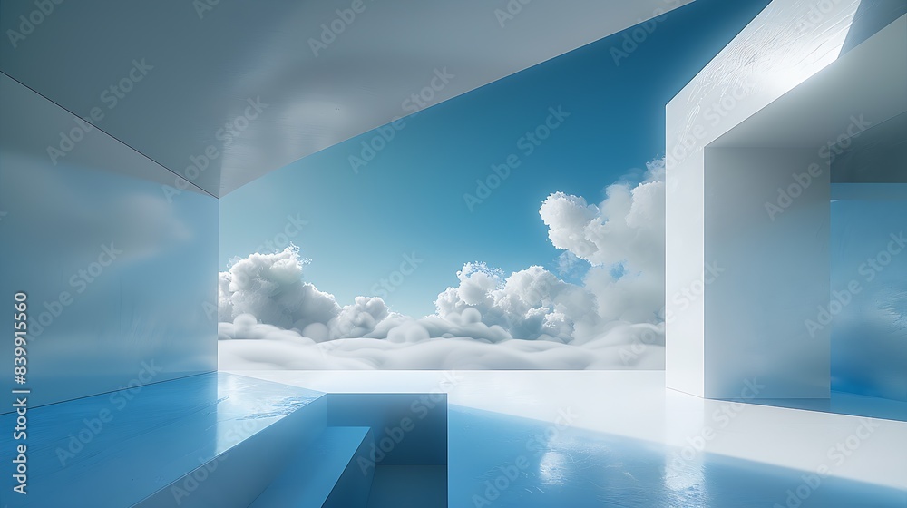 Aufkleber white background with an open wall in the center, a flat blue sky above and clouds below : generativ