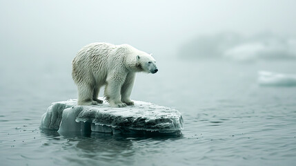 Climate Change Impact - Distressed Polar Bear Struggling on Melting Ice Floe in Arctic Ocean