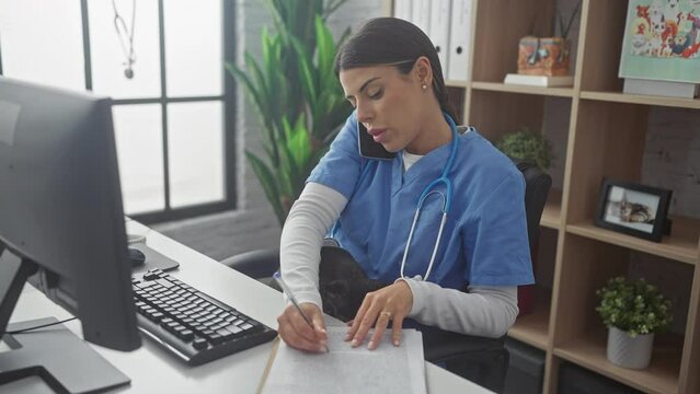 A professional veterinarian woman multitasks in a clinic, examining a chihuahua while on a phone call, denoting a busy workplace environment.