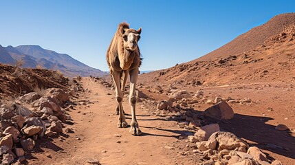 Exhausted camel struggling to walk in the arid desert sands under the blazing sun