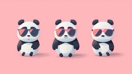 Three cute pandas wearing sunglasses on a pink background.