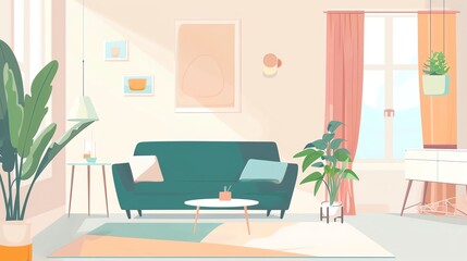 Minimalist living room with sustainable decor, flat design, side view, modern simplicity theme, cartoon drawing, Colored pastel