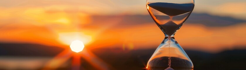 Fototapeta premium A wooden hourglass with sand in it is set on a beach at sunset. The sand is almost gone, and the hourglass is almost empty. Concept of time passing quickly