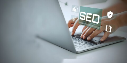 A businessman using laptop on seo concept visual screen