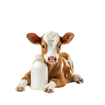 Adorable baby calf lies next to a milk bottle, symbolizing fresh dairy and farm life in a vibrant and heartwarming composition.