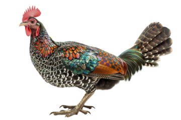 Colorful rooster with vibrant plumage and intricate feather patterns, standing on white background. Ideal for agriculture and bird-related content.
