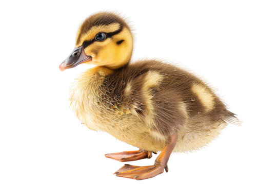 Cute duckling standing on white background, showcasing fluffy feathers and adorable expression. Perfect for animal and nature-themed designs.