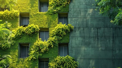 A building covered in green plants and vines, technology and green energy nature friendly building texture wall