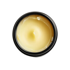 Top view of an open jar of yellow cream or balm, isolated on white background, skincare and cosmetic product concept.