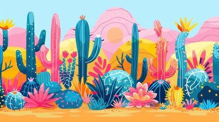 Obraz premium Beautiful minimalist landscape featuring cute cactus patterns and playful succulent designs, bright colors creating a vibrant background