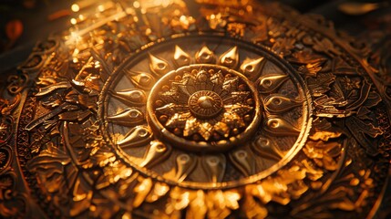 Fototapeta premium A wooden shield with intricate carvings, bathed in divine radiant light, showcasing the fine details of the craftsmanship