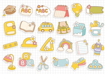 Fototapeta premium Groovy Back to School,Cute Stationary Sticker. Vector illustration