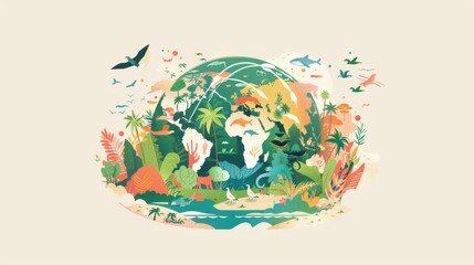 Global conservation, with illustrations of conservation efforts around the world, highlighting the interconnectedness of ecosystems and the need for international cooperation