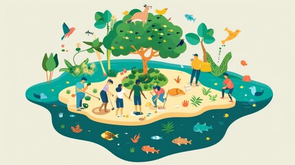 Conservation efforts, with illustrations of people planting trees, cleaning up beaches, and protecting wildlife