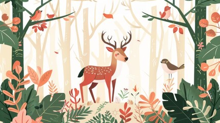 Naklejka premium Forest wildlife, with illustrations of animals such as deer, birds, and squirrels in a forest setting