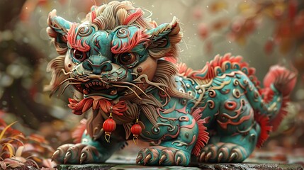 Fototapeta premium Cultural Marvel: Playful Child-Like Lion Illustration in Chinese Themed Splendor