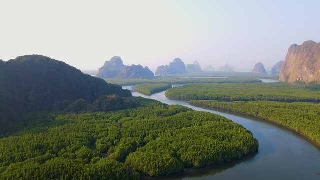 aerial view mangrove forest and mountain peak of Phang nga bay, Thailand