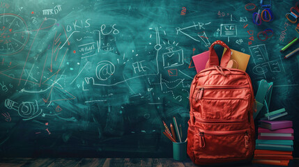 Against a blackboard, a backpack brims with necessary school items