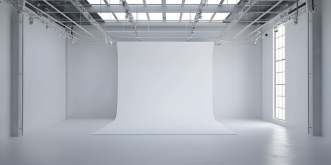 Fototapeta premium Empty room scene with white walls and parquet flooring, Empty white studio room Illustration. 