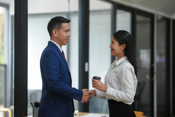 Two business professionals shaking hands in an office setting, sealing a successful deal, professional attire, happy interaction.