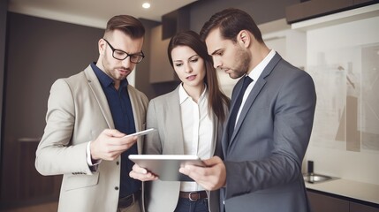 Real estate agent showing a couple various home options on a tablet, discussing features and locations in a modern office setting