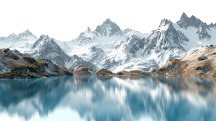 Beautiful mountain range with a large body of water in the foreground isolated on transparent background