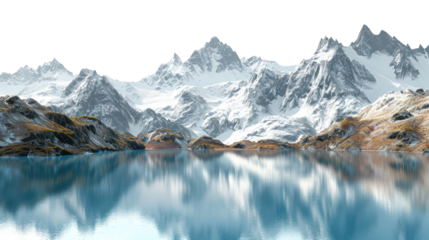 Beautiful mountain range with a large body of water in the foreground isolated on transparent background