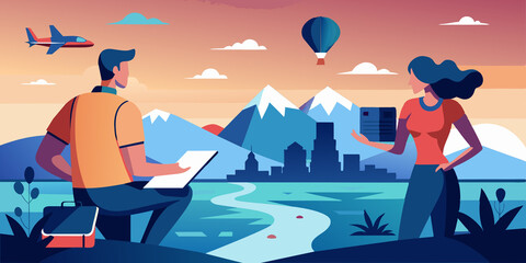 Fototapeta premium An illustration of a couple planning a trip, sitting outdoors with a scenic backdrop of mountains and a lake. The artwork depicts a peaceful moment of togetherness and adventure.