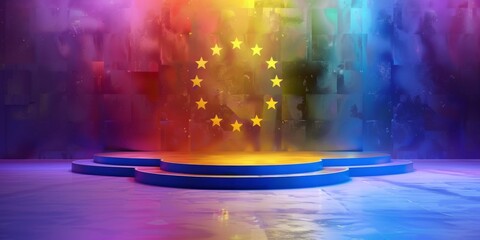 Empty 2024 European elections speech themed display stand, rainbow light and reflection on European flag background, stage pedestal for show wonder, fantasy success product planning and presentation, 