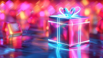 Artistic present box with entwined neon wires, reflective cubes adding depth, all on a vivid, lively background