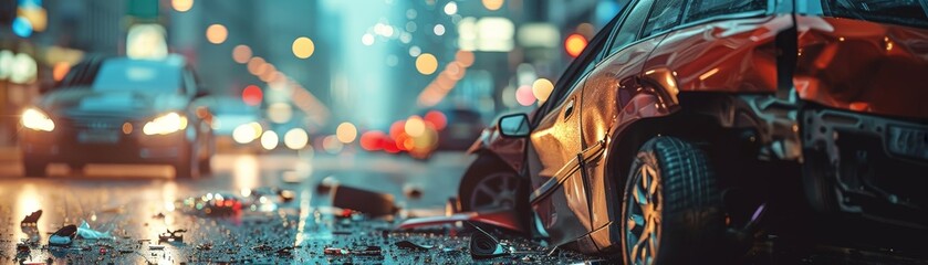 Naklejka premium A car is in a crash and is covered in debris. The scene is chaotic and dangerous. The car is on the ground and surrounded by broken glass and other debris. Scene is tense and unsettling