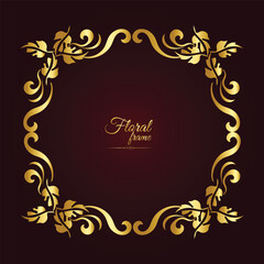 Gold shiny glowing vintage frame with flower isolated floral background. Golden luxury realistic rectangle border. Vector illustration
