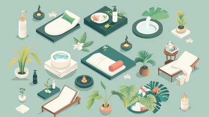 Isometric spa and wellness objects for relaxation and rejuvenation.