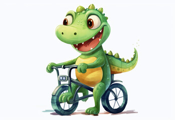 Naklejka premium Cute watercolor illustration of an alligator riding a bike, perfect for childrens books and digital art projects.