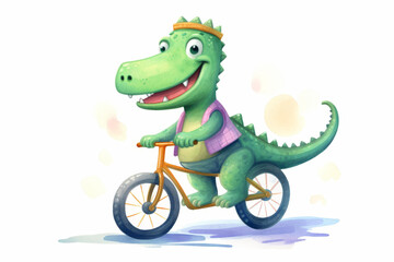 Obraz premium Cute watercolor illustration of an alligator riding a bike, perfect for childrens books and digital art projects.
