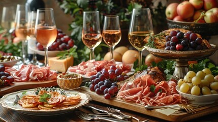 Fototapeta premium Served for holiday banquet restaurant table with dishes, snack, cutlery, wine and water glasses
