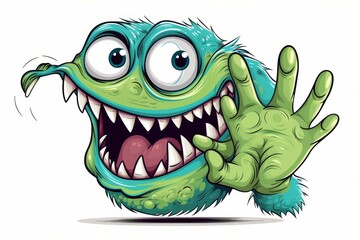 Fototapeta premium Cute and humorous cartoon illustration of a monster playfully biting someones hand, showcasing a beautiful yet mischievous character.