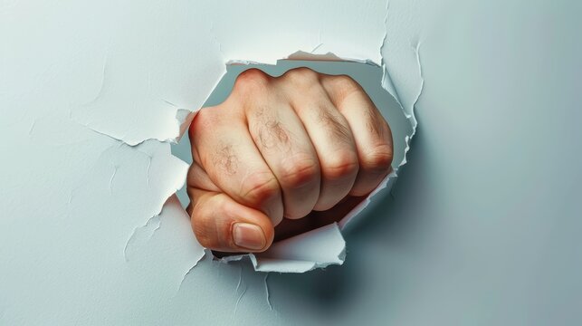 A fist is shown through a hole in a wall. The fist is clenched and the hand is extended. Concept of strength and power