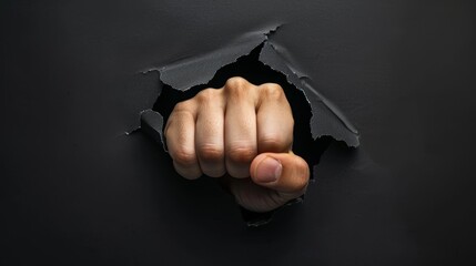 Fototapeta premium A fist is shown through a hole in a wall. The fist is clenched and the hand is visible. Concept of strength and power
