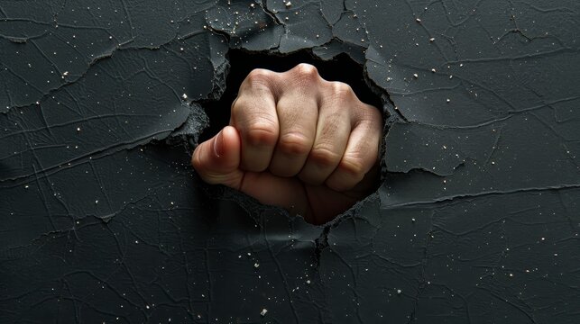A fist is shown through a hole in a wall. The fist is clenched and the hand is visible. Concept of strength and power