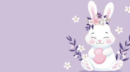 Cute white bunny with floral crown holding pink Easter egg