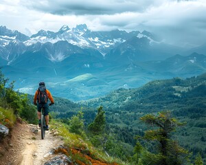 Mountain Biker Pausing to Enjoy Expansive Scenic Views on Trail