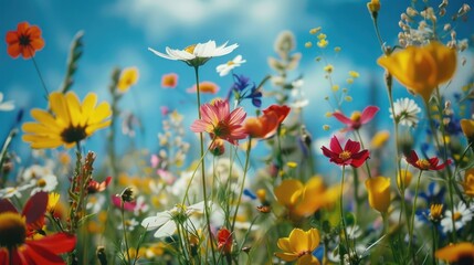 Field of flowers with blue sky