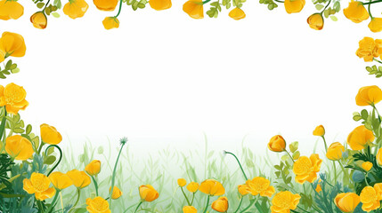 Fototapeta premium Floral yellow poppy flower border with green leaves against a white background, perfect for seasonal or nature-themed designs.