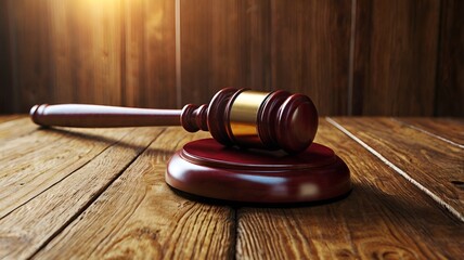 Obraz premium Granater AI Judge's gavel on wooden table with sunlight shining down.